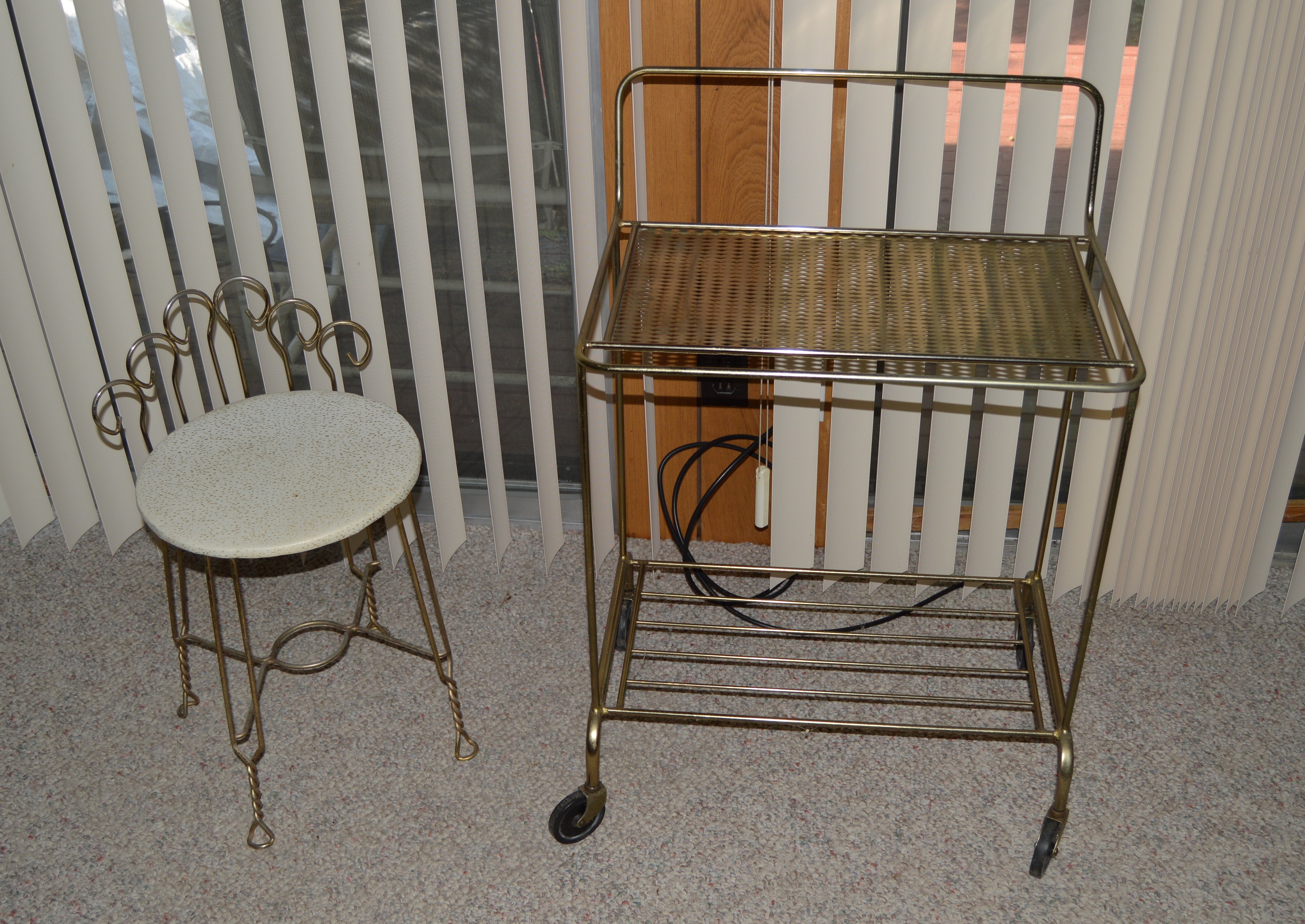 Wire Vanity Chair and Brushed Aluminium Bar Cart
