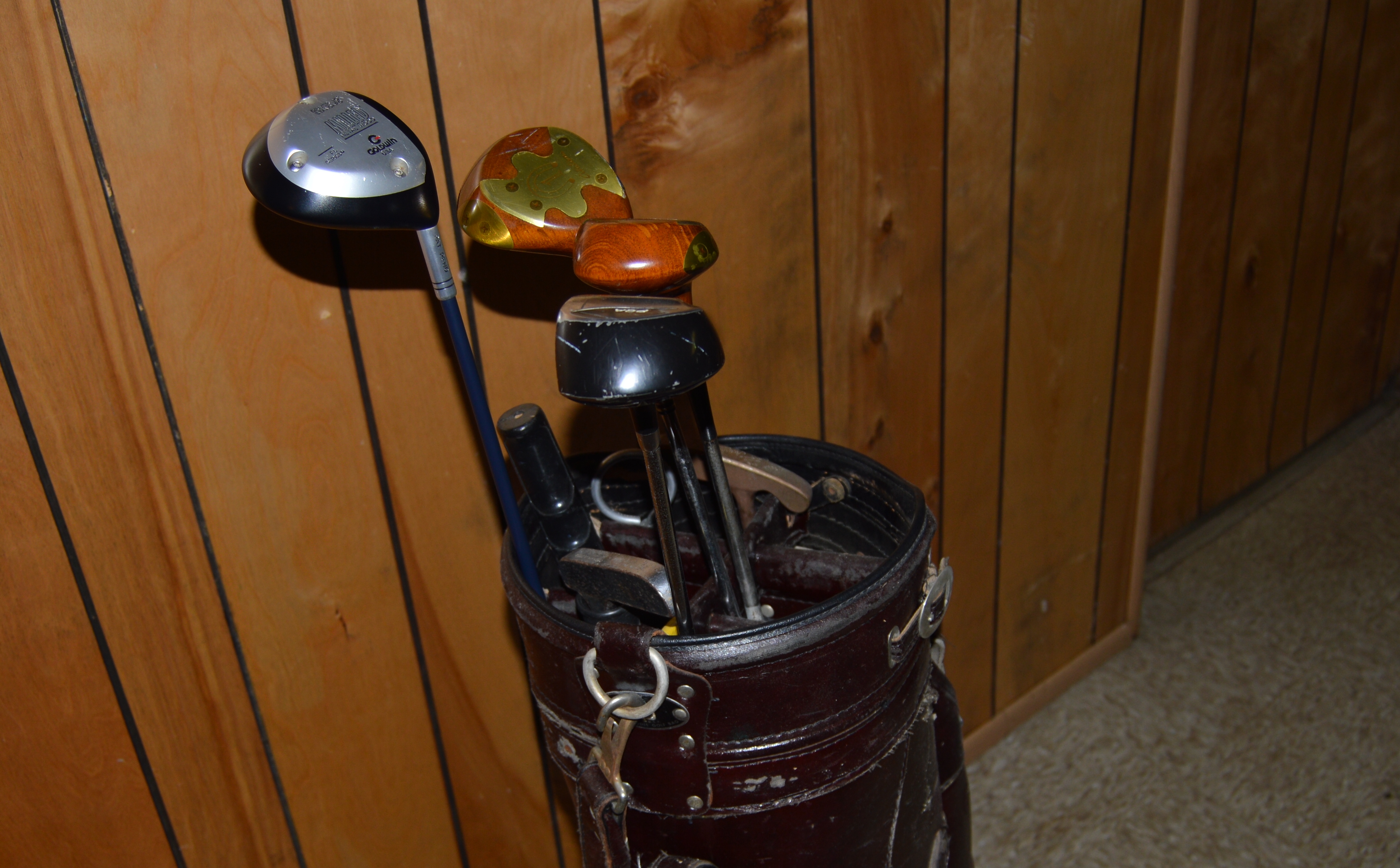 Vintage Leather Golf Bag with Clubs
