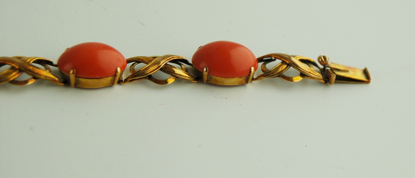 14K Yellow Gold Coral Link Bracelet and Earrings