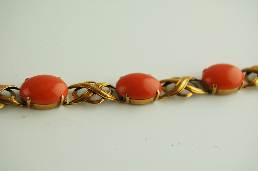 14K Yellow Gold Coral Link Bracelet and Earrings