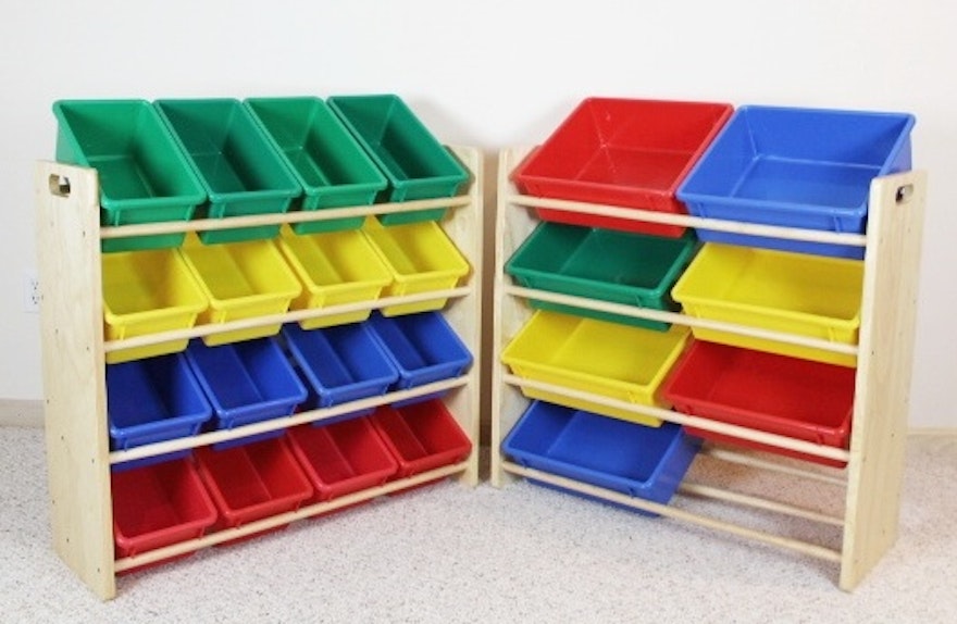 Battat "Honey Can Do" Wood Storage Racks with Primary Color Bins