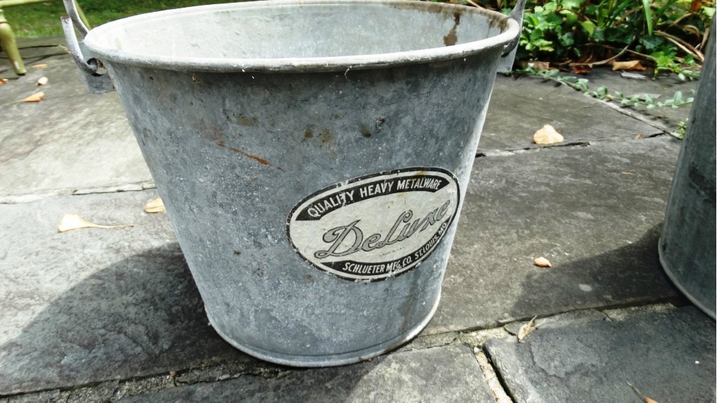 Vintage Galvanized Metal Wash Tubs, Pails, and Wooden Crate