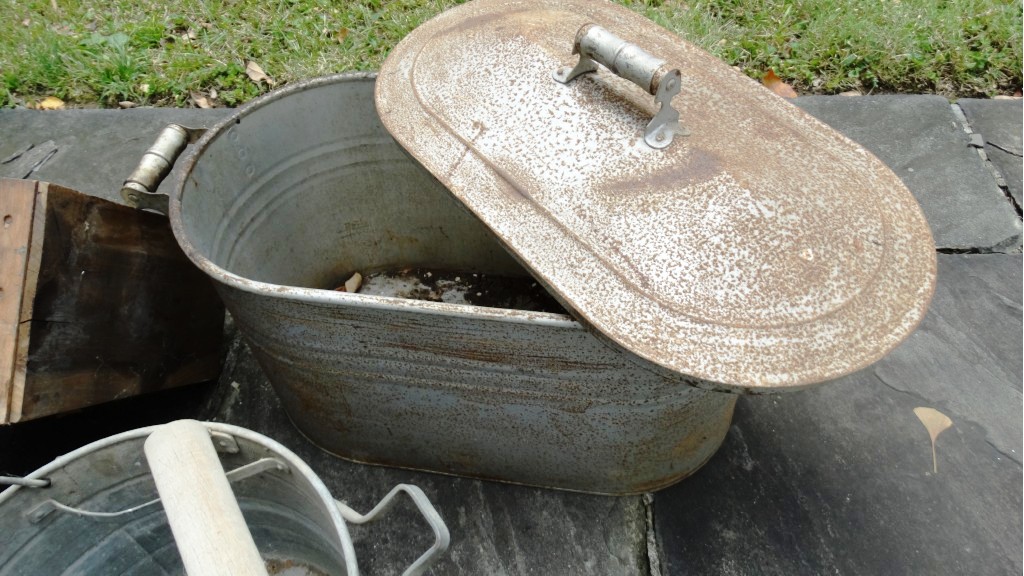 Vintage Galvanized Metal Wash Tubs, Pails, and Wooden Crate
