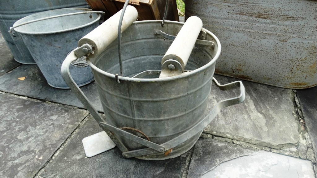Vintage Galvanized Metal Wash Tubs, Pails, and Wooden Crate