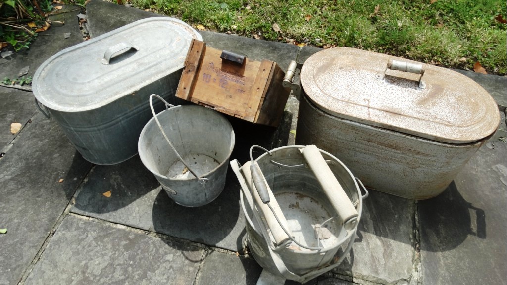 Vintage Galvanized Metal Wash Tubs, Pails, and Wooden Crate