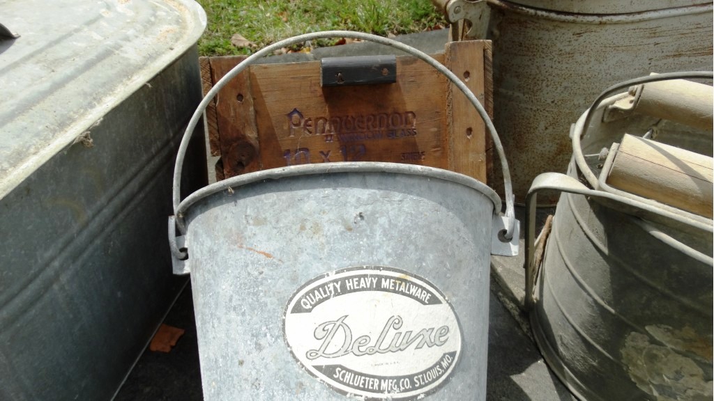 Vintage Galvanized Metal Wash Tubs, Pails, and Wooden Crate