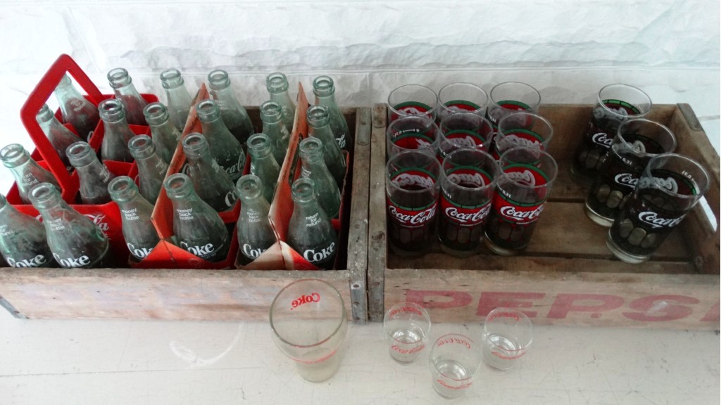 Coke Bottles, Glasses and Wooden Pepsi Trays
