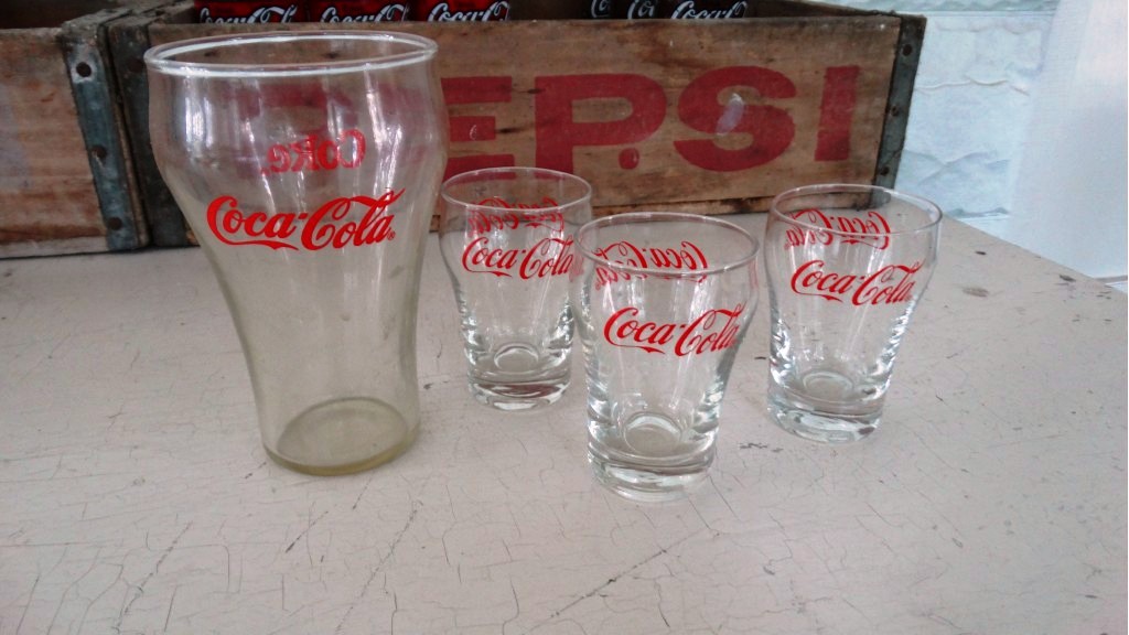 Coke Bottles, Glasses and Wooden Pepsi Trays
