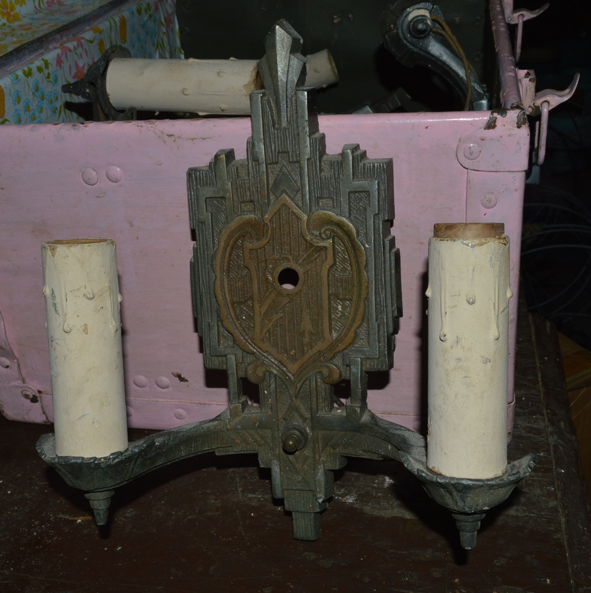 Vintage Trunk Filled with Antique Sconces