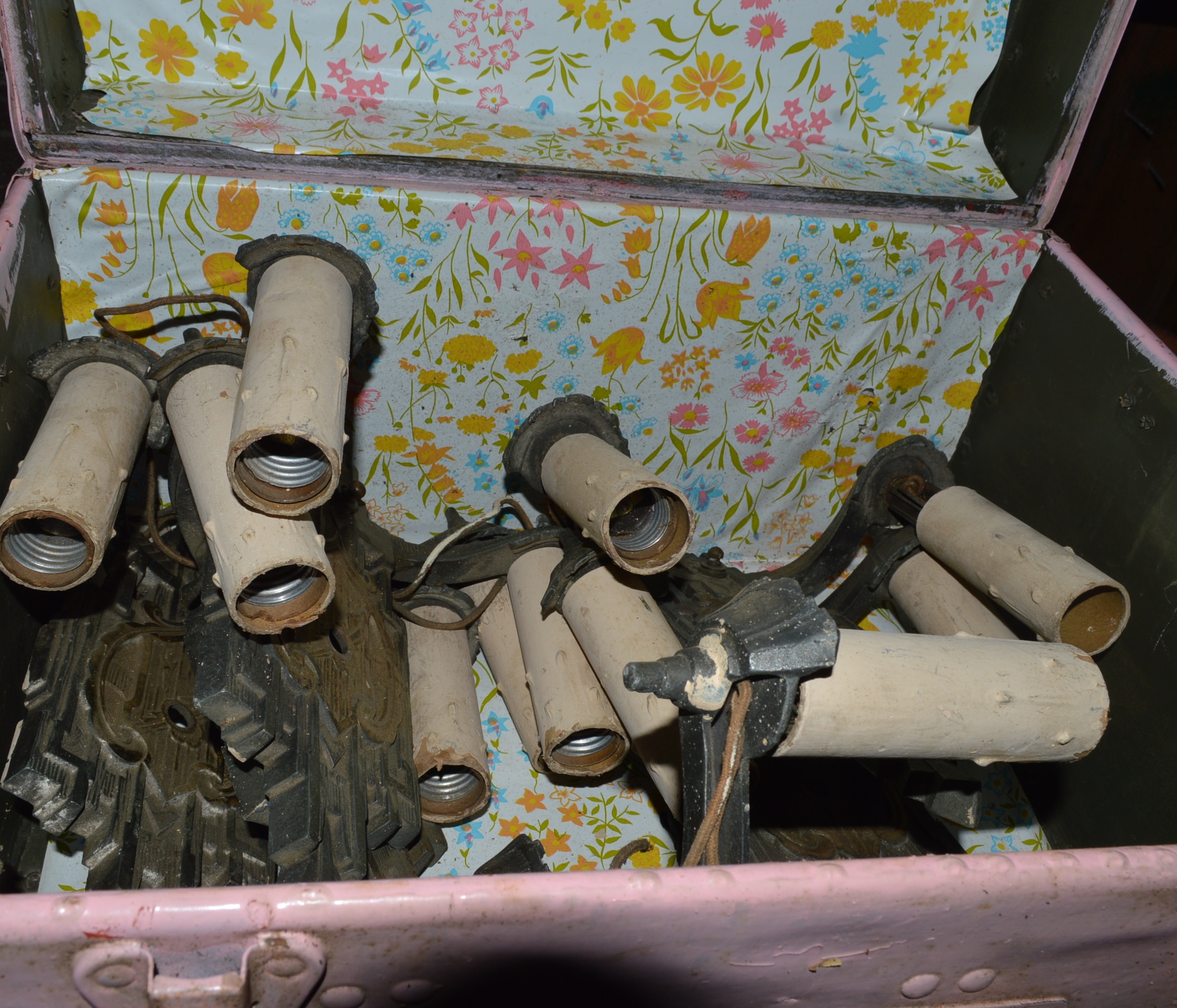 Vintage Trunk Filled with Antique Sconces