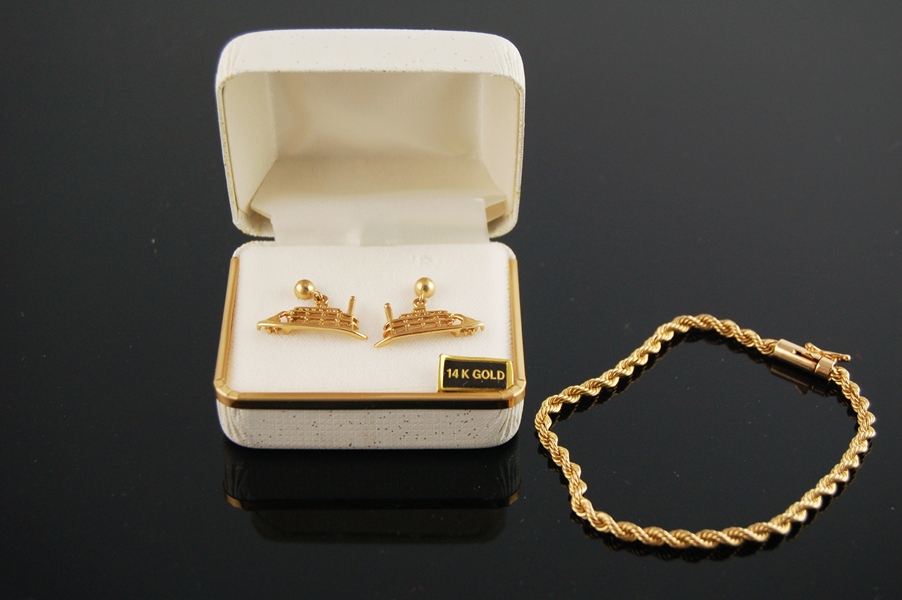14K Delta Queen Pierced Earrings and Rope Bracelet