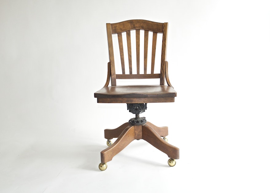 Vintage Wooden Swivel Chair on Brass Sherwood Casters