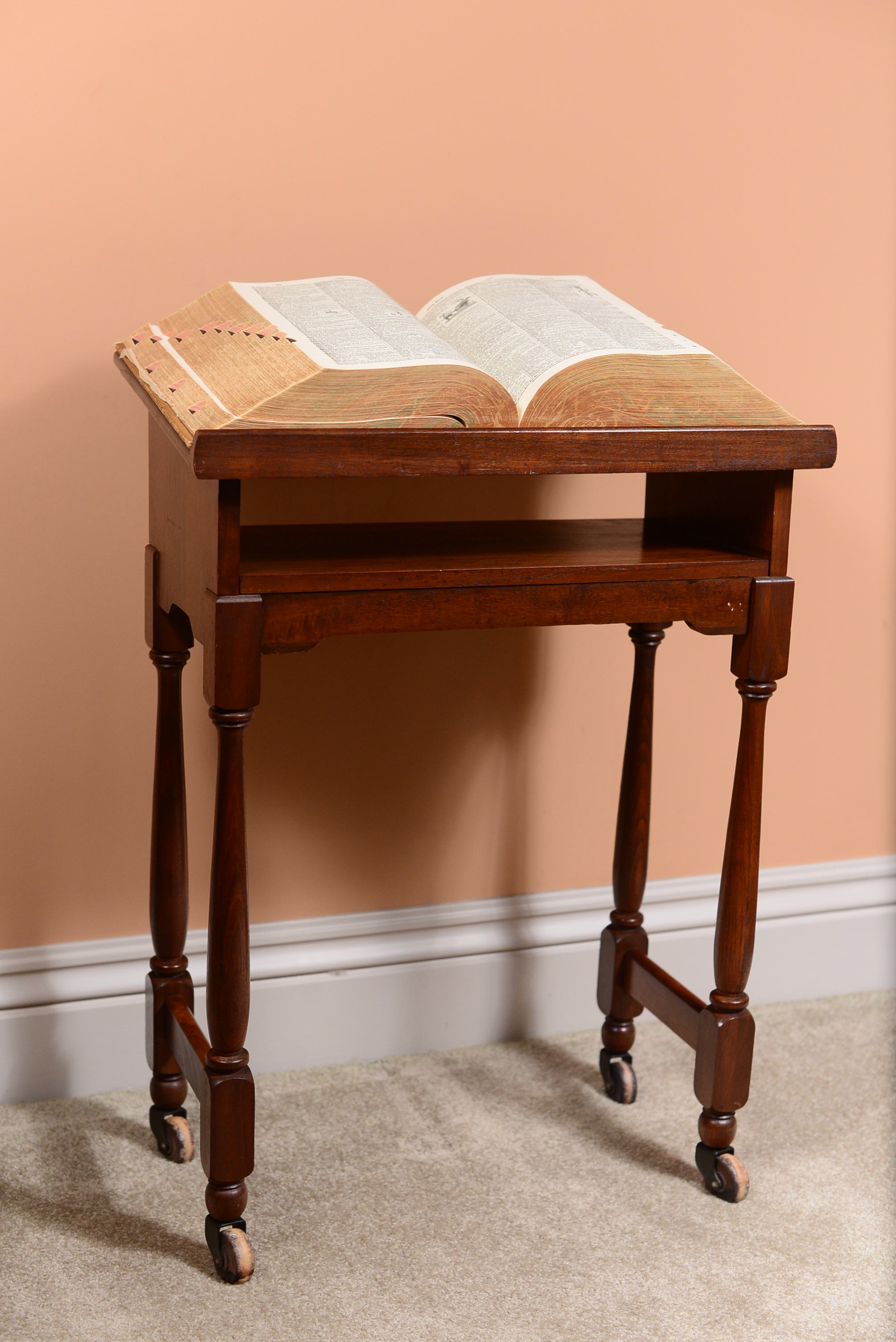 Antique Walnut Book Stand with 1934 Webster's Dictionary