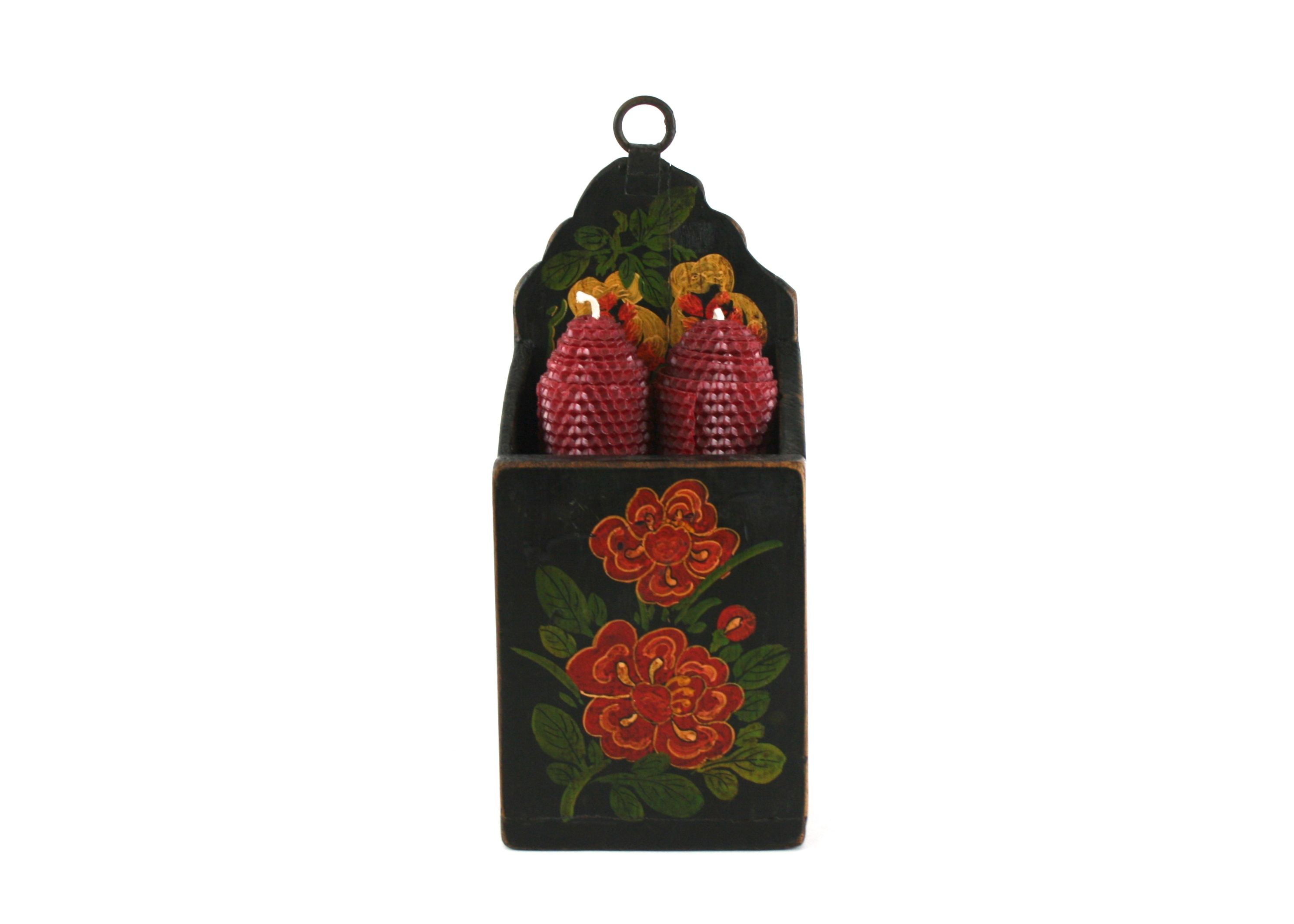 Wall Pocket with Hand Painted Floral Designs and Two Candles