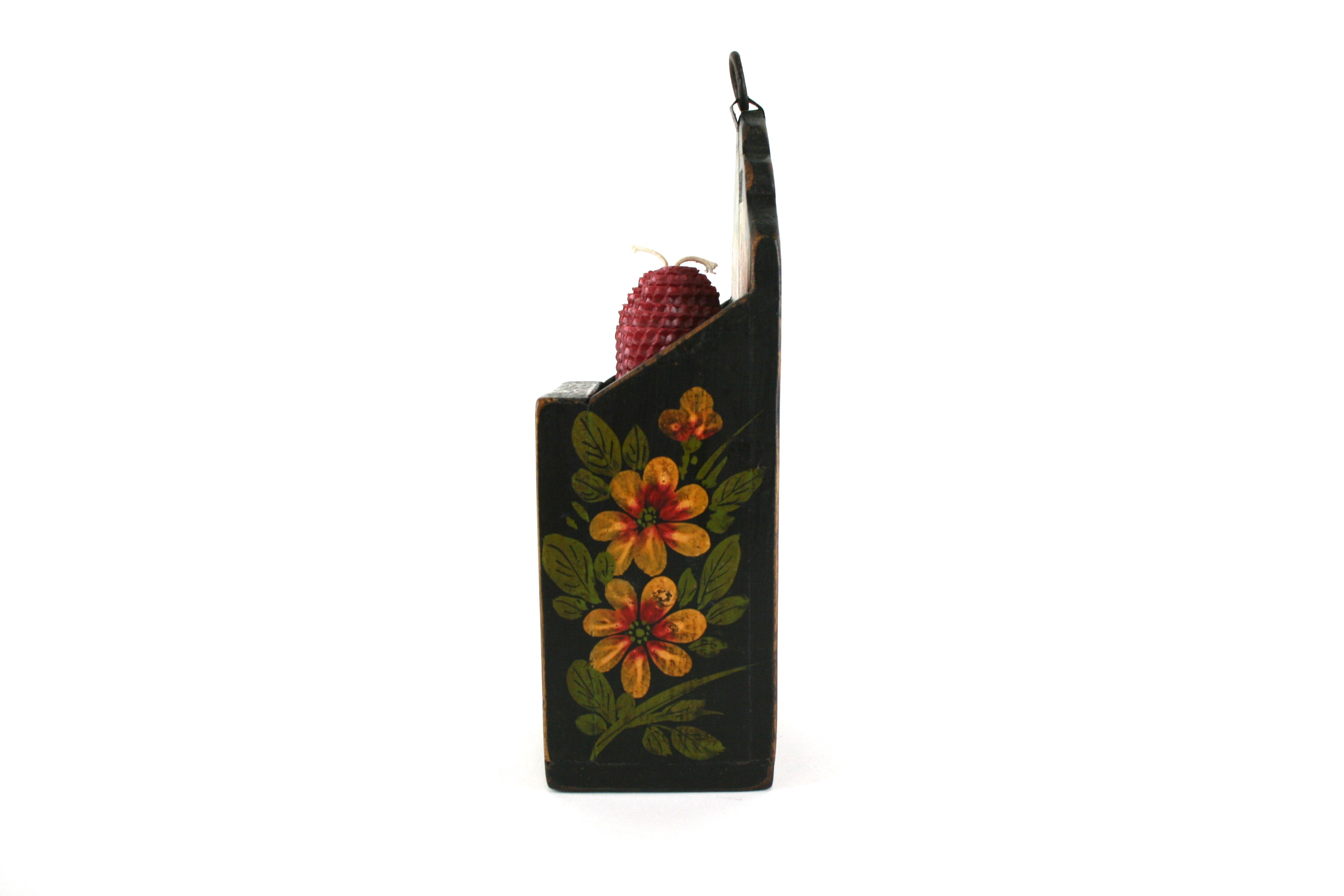 Wall Pocket with Hand Painted Floral Designs and Two Candles