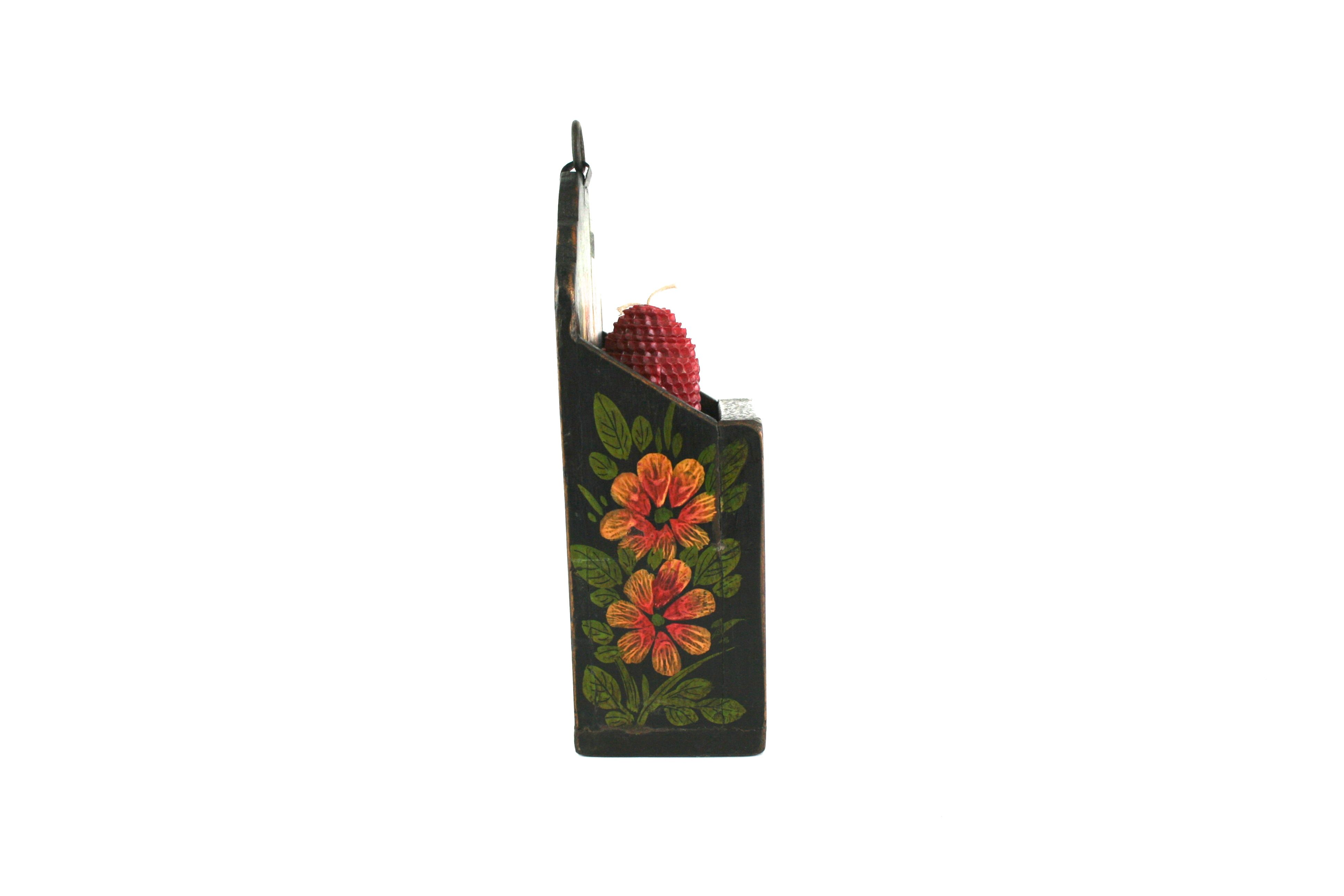 Wall Pocket with Hand Painted Floral Designs and Two Candles