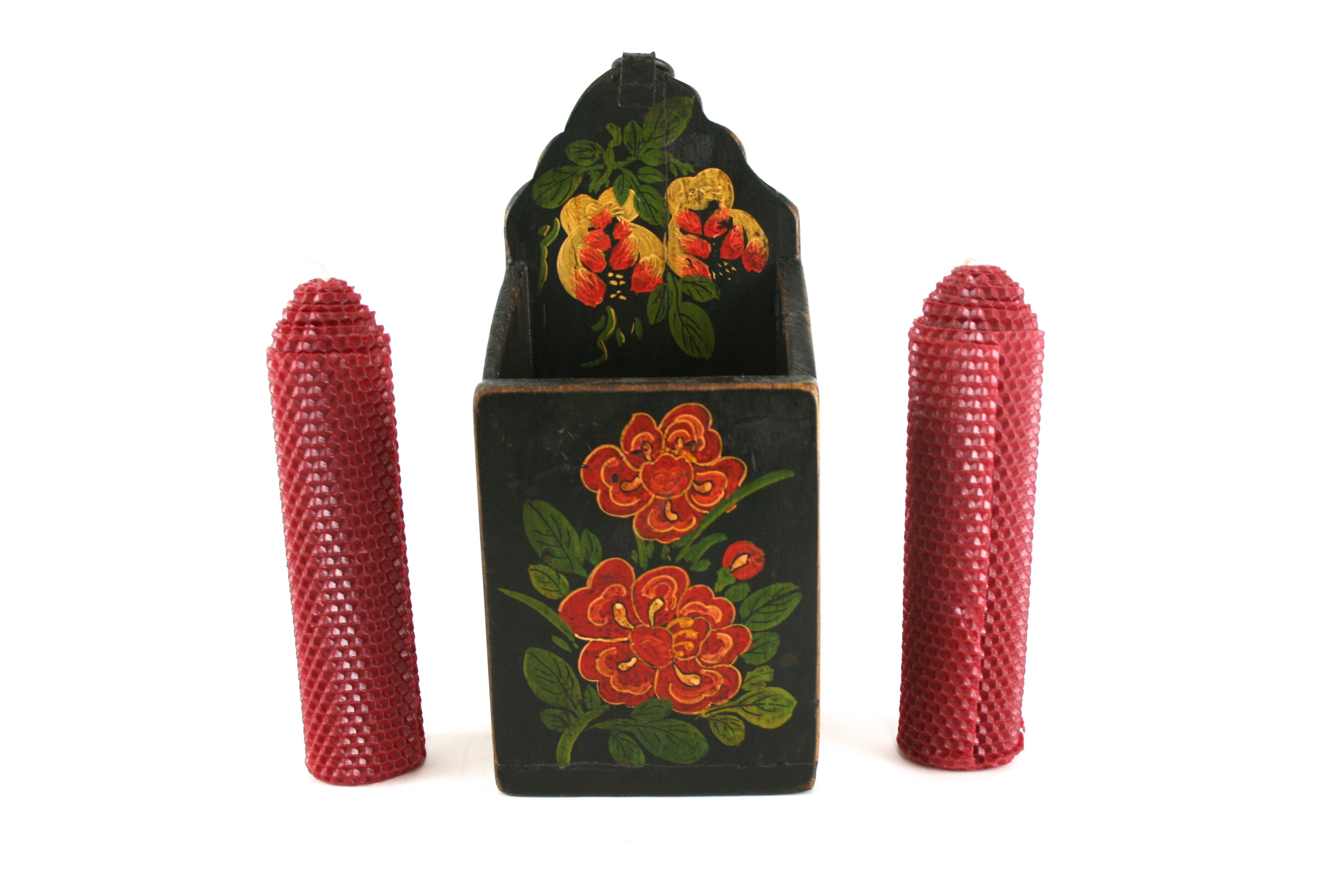 Wall Pocket with Hand Painted Floral Designs and Two Candles