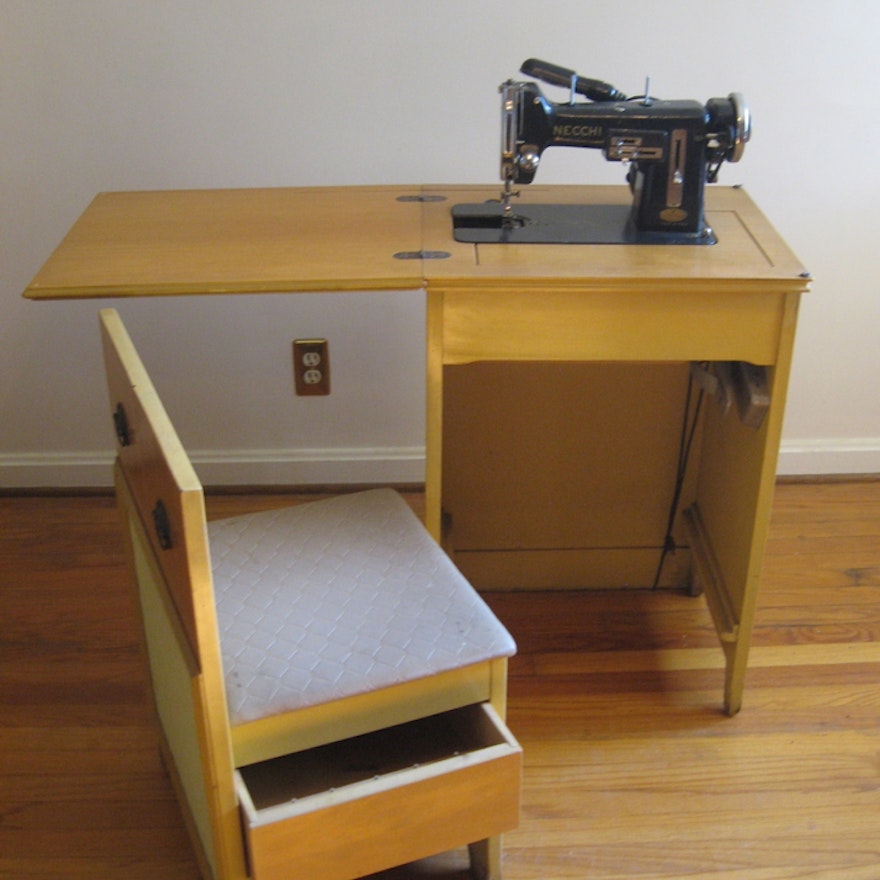 Vintage Sewing Cabinet and Chair with Necchi Sewing Machine