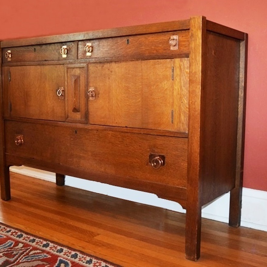 A Vintage Stickley Style Mission Oak Sideboard with Copper Pulls