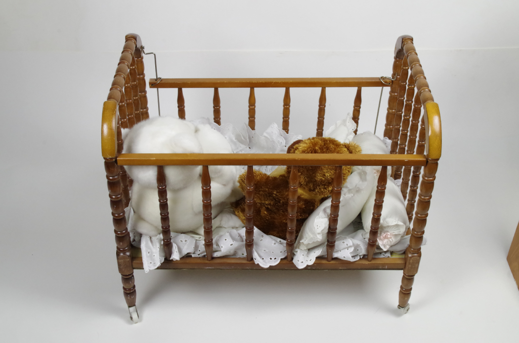 Vintage Maple Doll Crib with Bedding and Bears