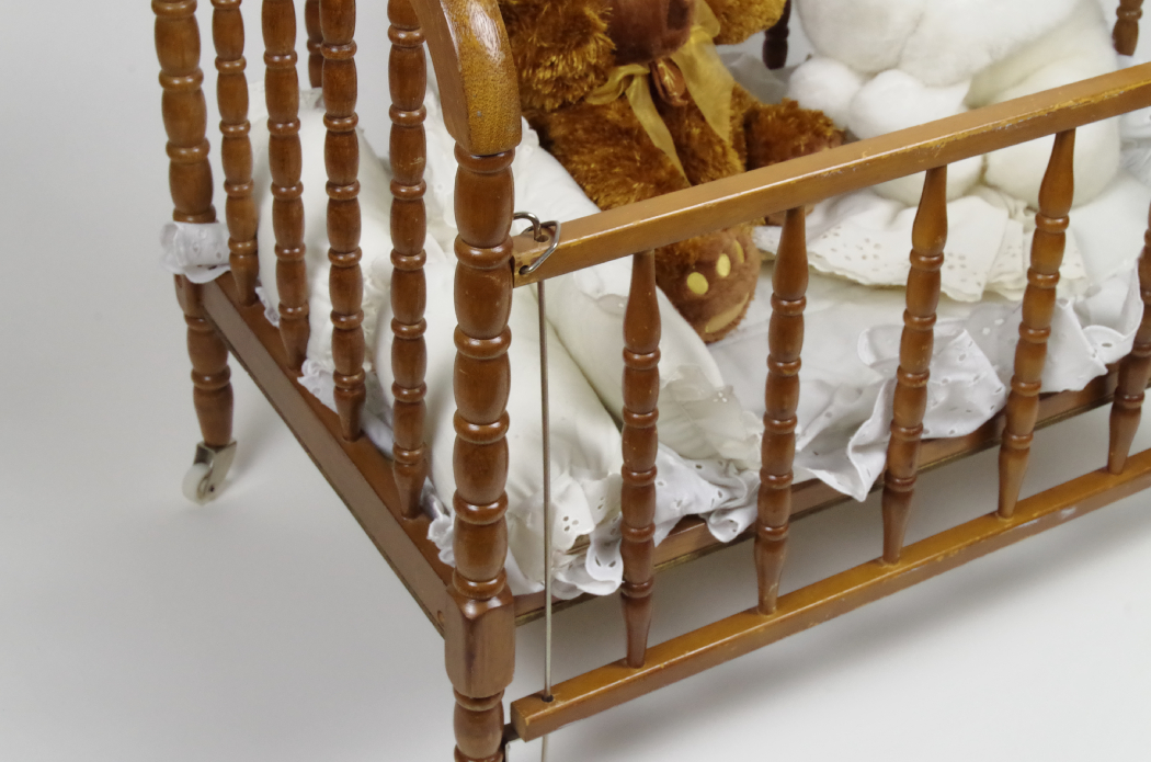 Vintage Maple Doll Crib with Bedding and Bears