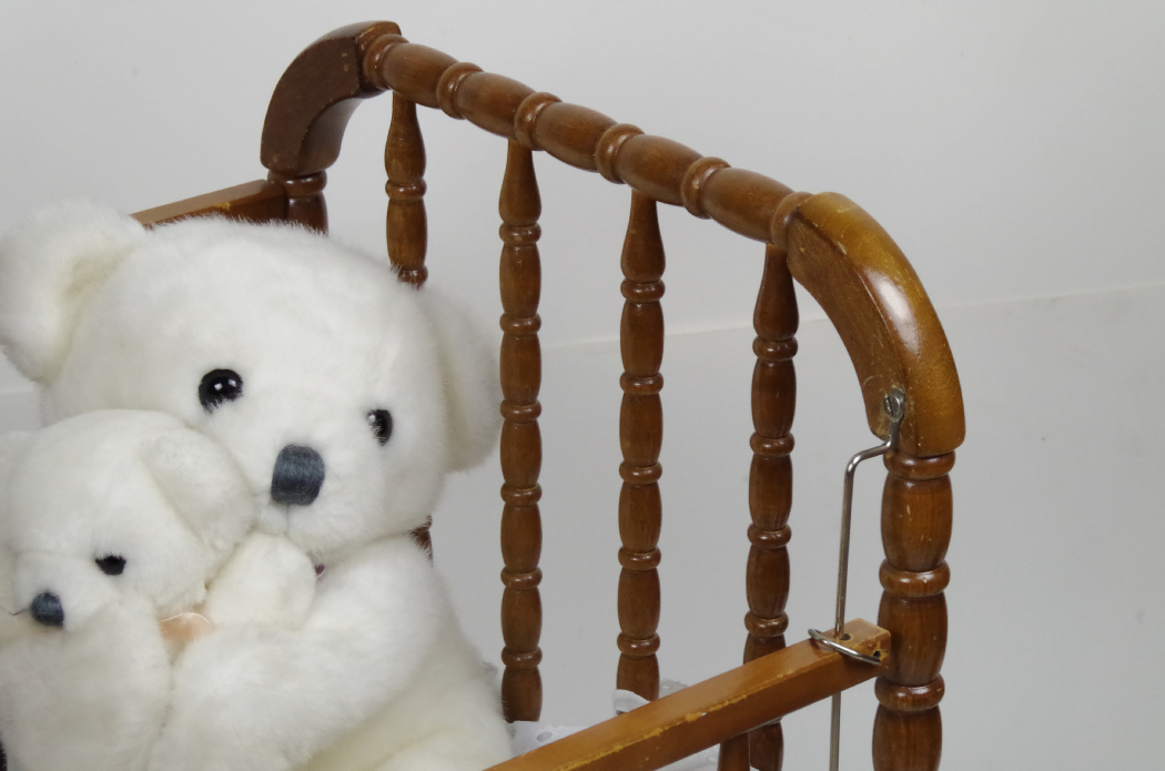 Vintage Maple Doll Crib with Bedding and Bears