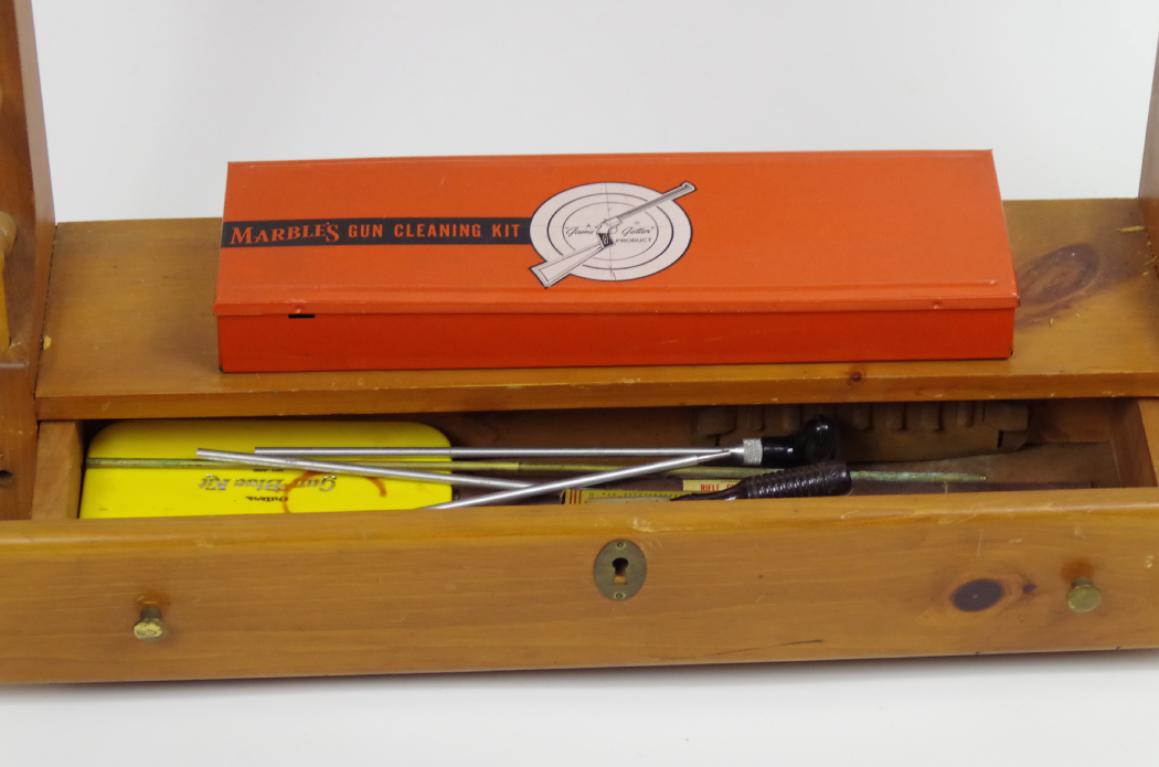 Vintage Locking Gun Rack and Gun Cleaning Supplies