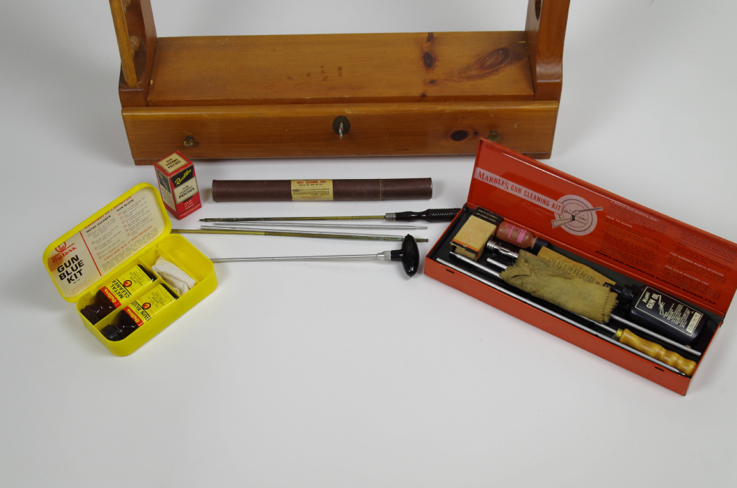 Vintage Locking Gun Rack and Gun Cleaning Supplies