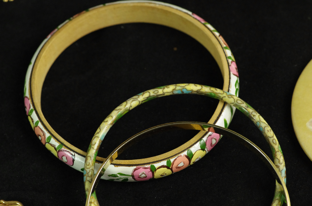 Collection of Costume Jewelry with Carpet Bag Purse & Pottery Box