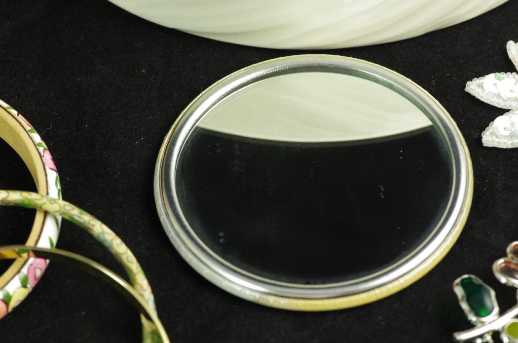 Collection of Costume Jewelry with Carpet Bag Purse & Pottery Box