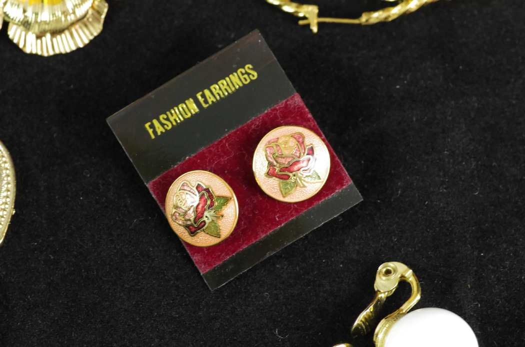 Collection of Costume Jewelry with Carpet Bag Purse & Pottery Box