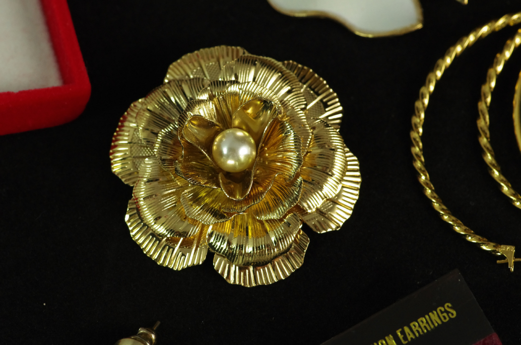 Collection of Costume Jewelry with Carpet Bag Purse & Pottery Box