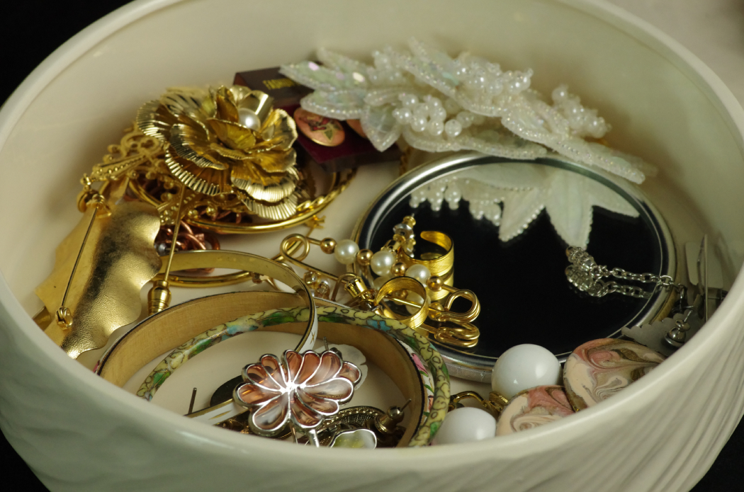 Collection of Costume Jewelry with Carpet Bag Purse & Pottery Box