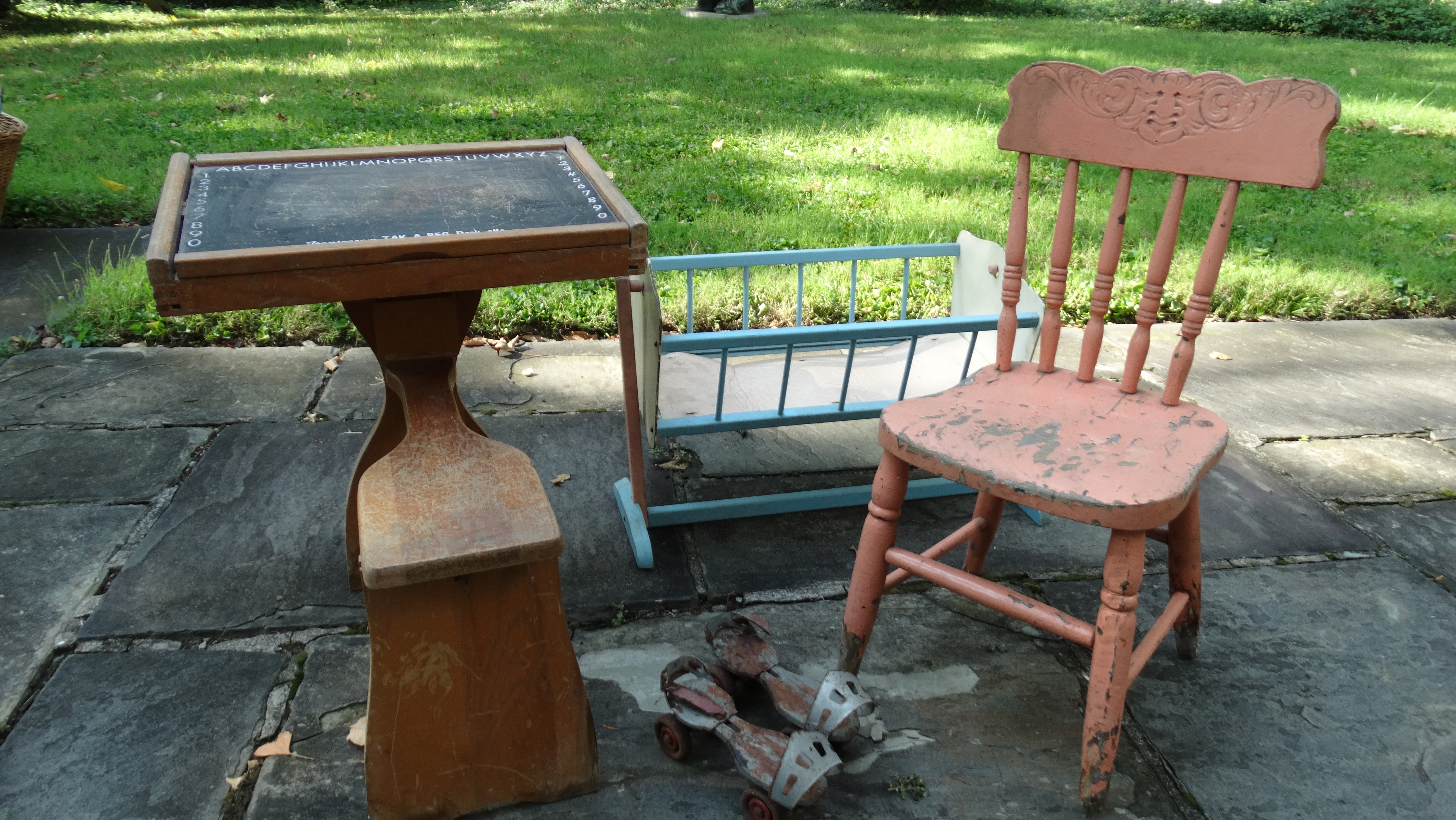 Vintage Grouping of Toy Cradle, Child's Chair, Desk, and Skates