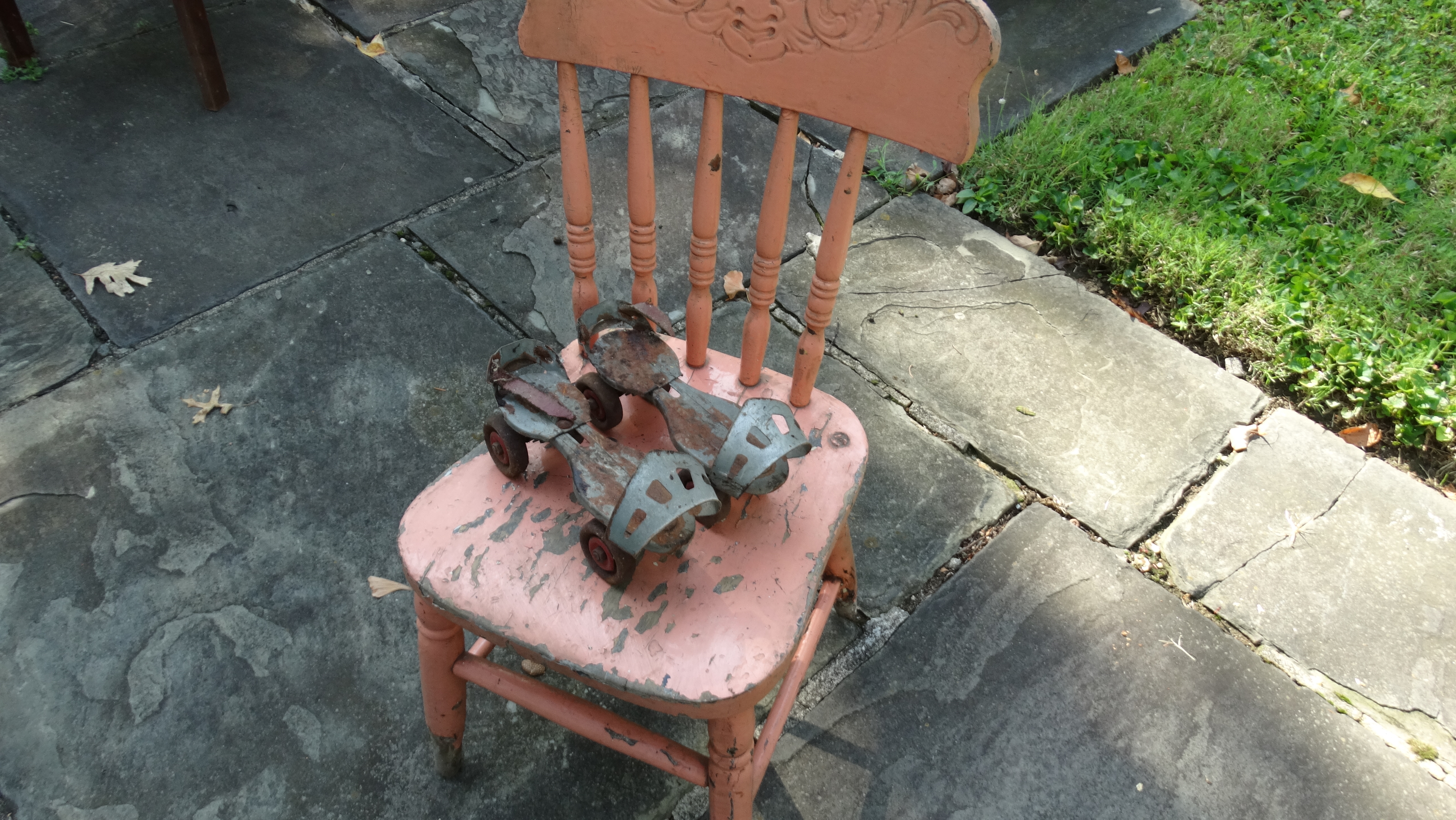 Vintage Grouping of Toy Cradle, Child's Chair, Desk, and Skates