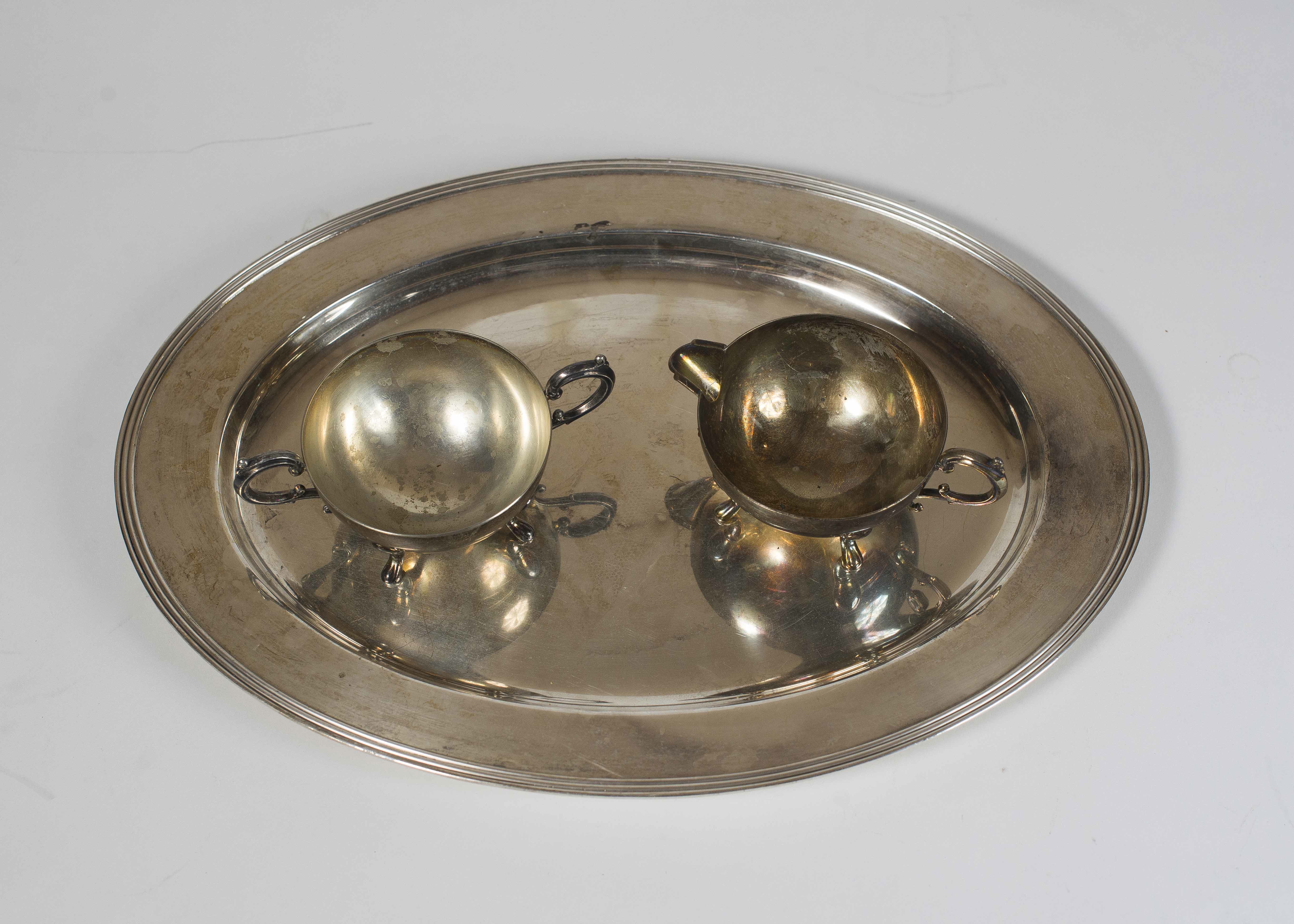 Antique Silver Creamer and Sugar Bowl with Serving Tray