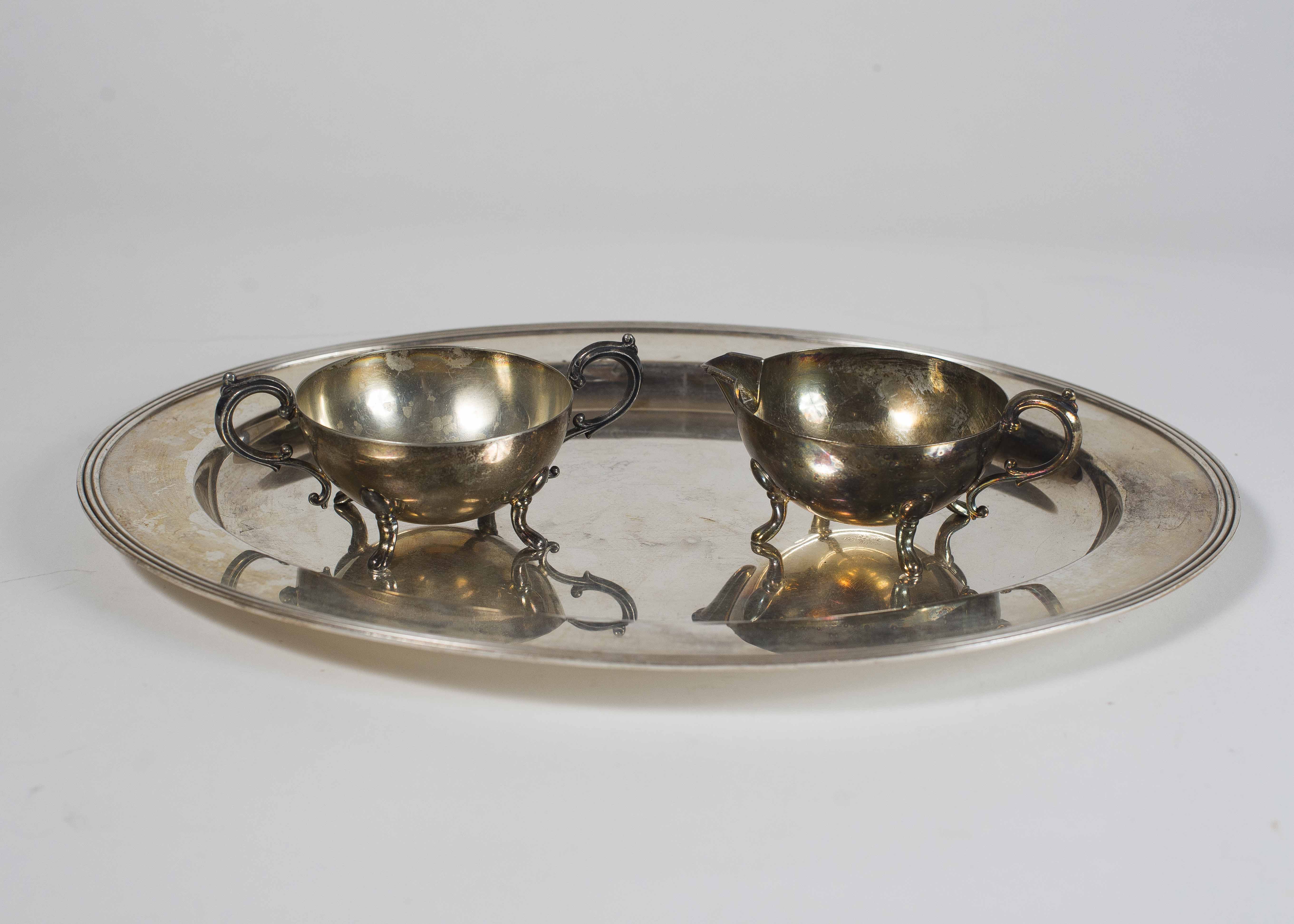 Antique Silver Creamer and Sugar Bowl with Serving Tray