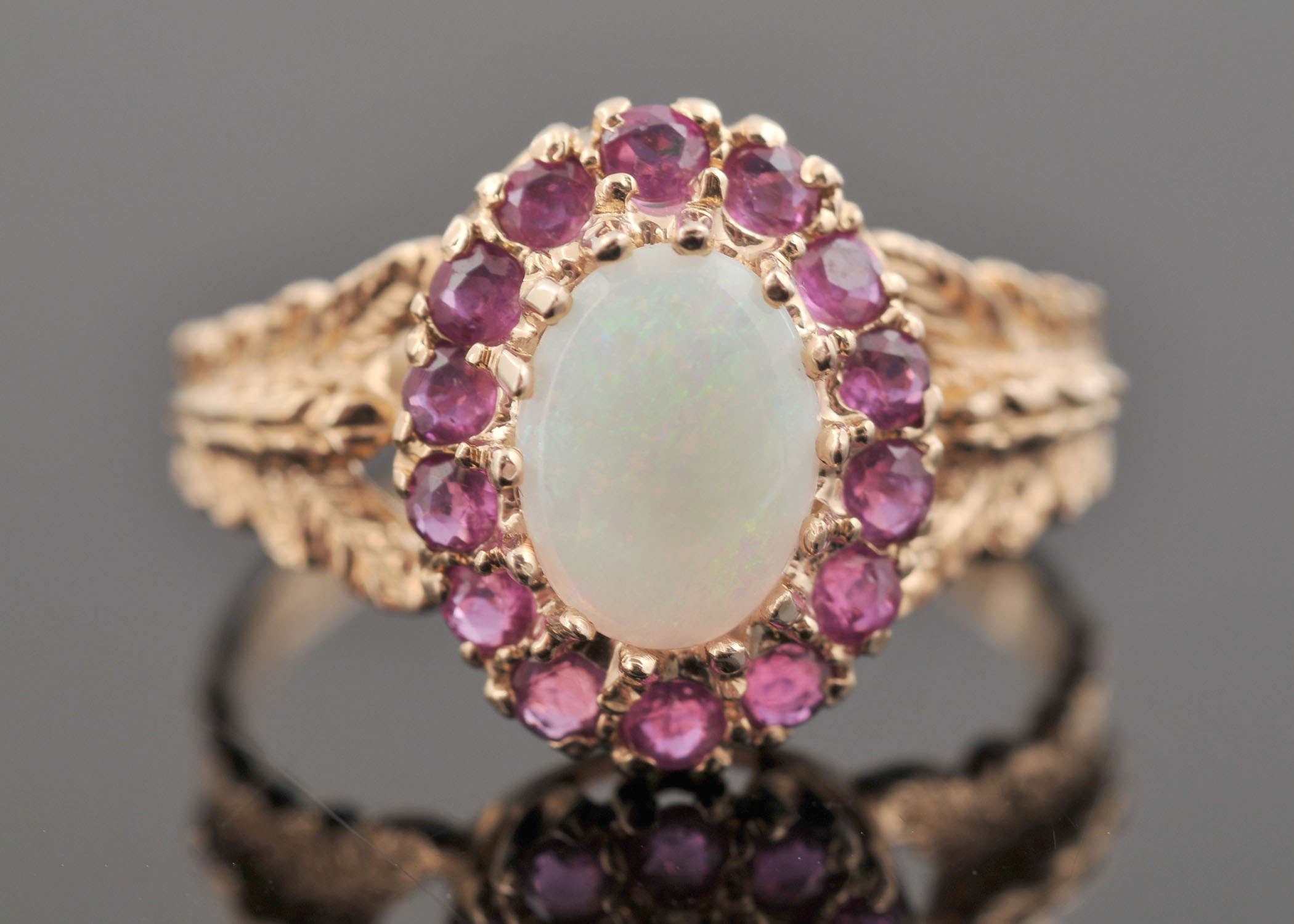 Lovely 14 K Yellow Gold Opal and Ruby Ring