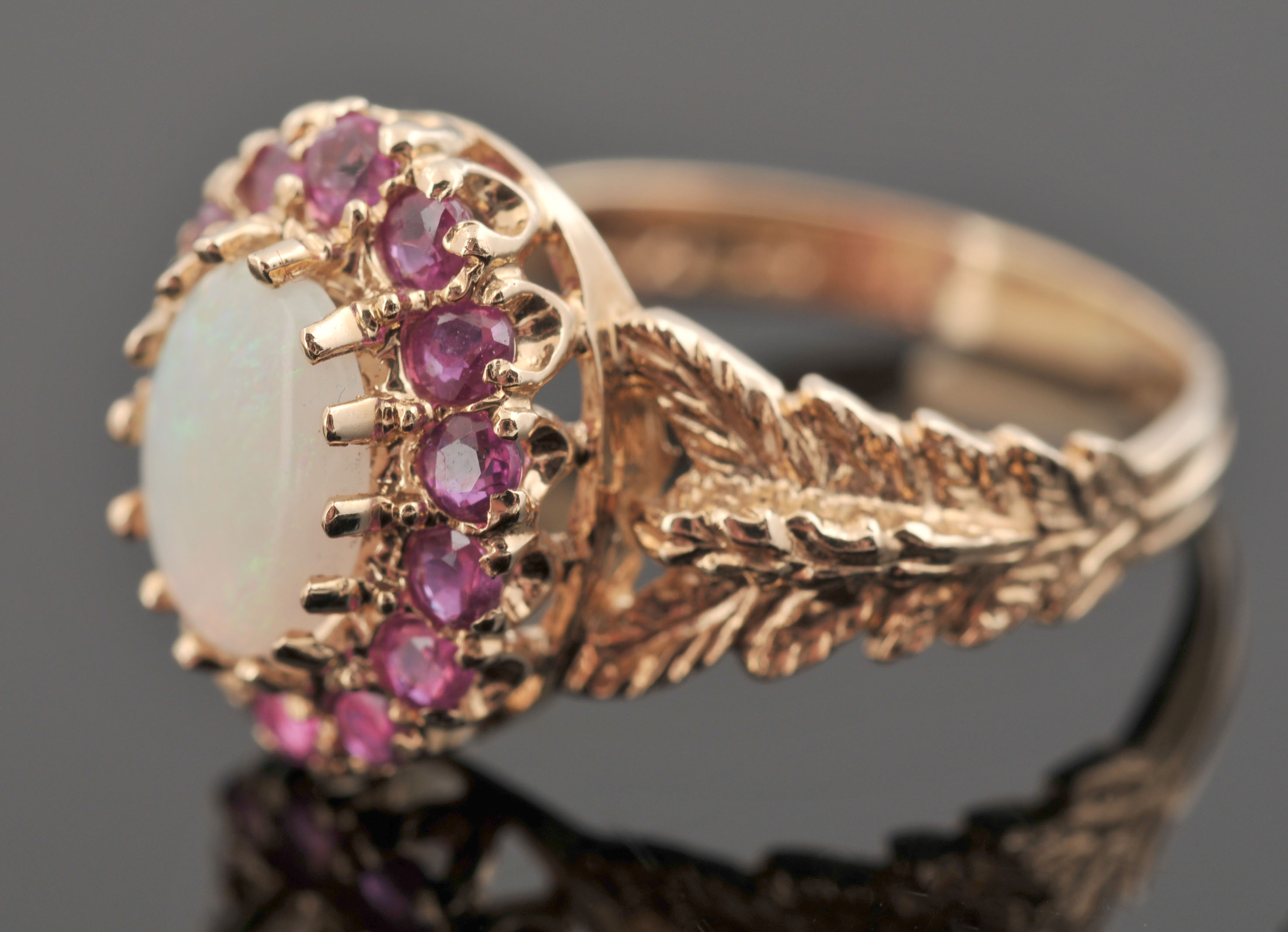 Lovely 14 K Yellow Gold Opal and Ruby Ring