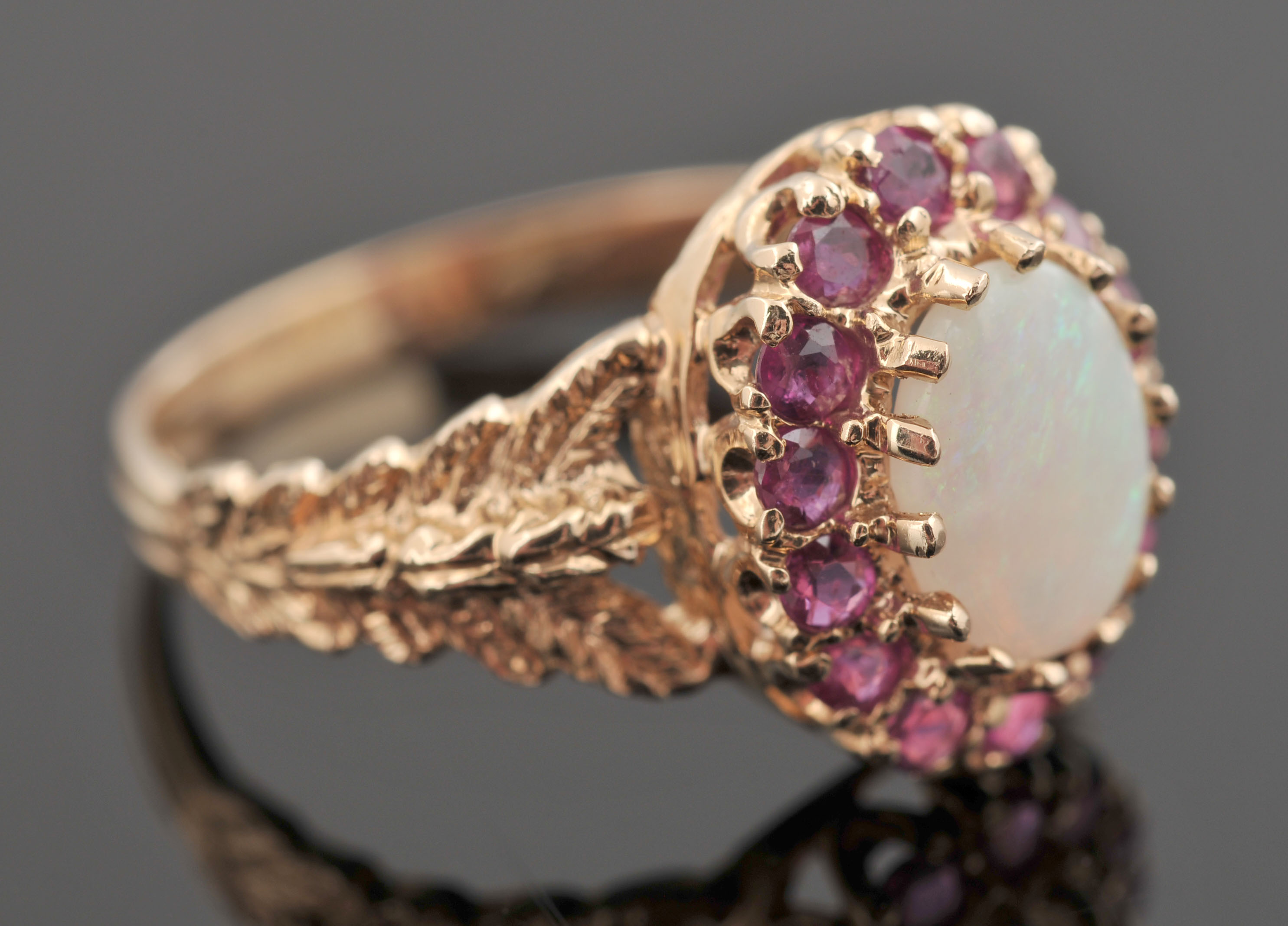 Lovely 14 K Yellow Gold Opal and Ruby Ring