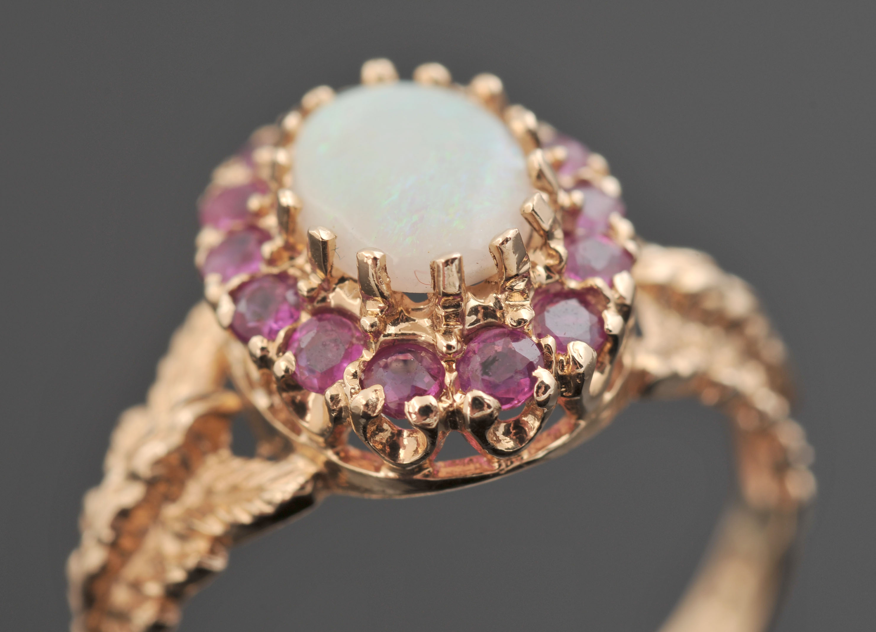 Lovely 14 K Yellow Gold Opal and Ruby Ring