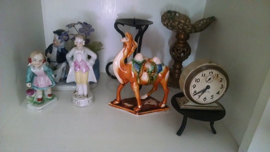 Grouping of Vintage Ceramic Figurines and Metal Candleholders