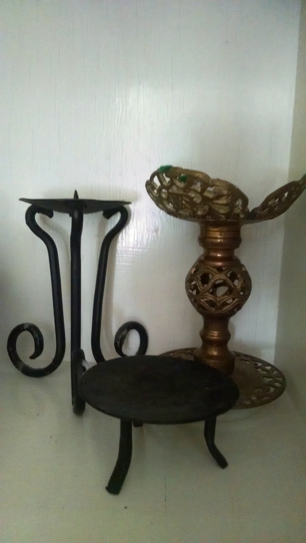 Grouping of Vintage Ceramic Figurines and Metal Candleholders