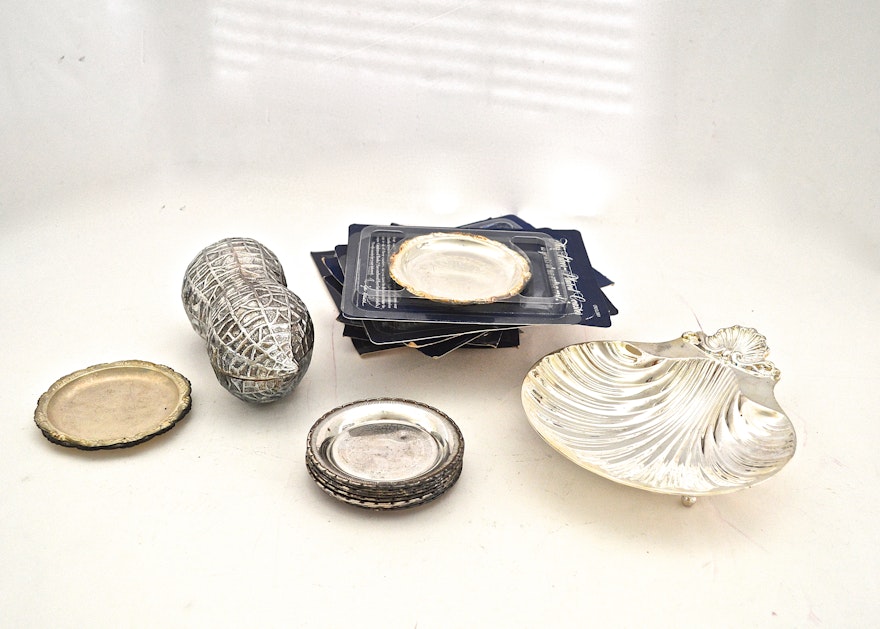 Silver Plate Coasters, Shell Tray, and Whimsical Peanut Tray