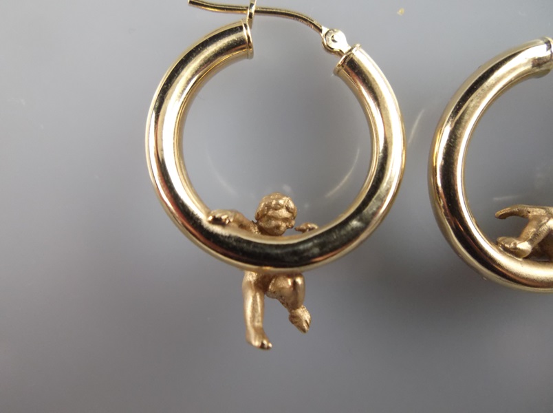 14K Yellow Gold Cherub Hoop Earrings