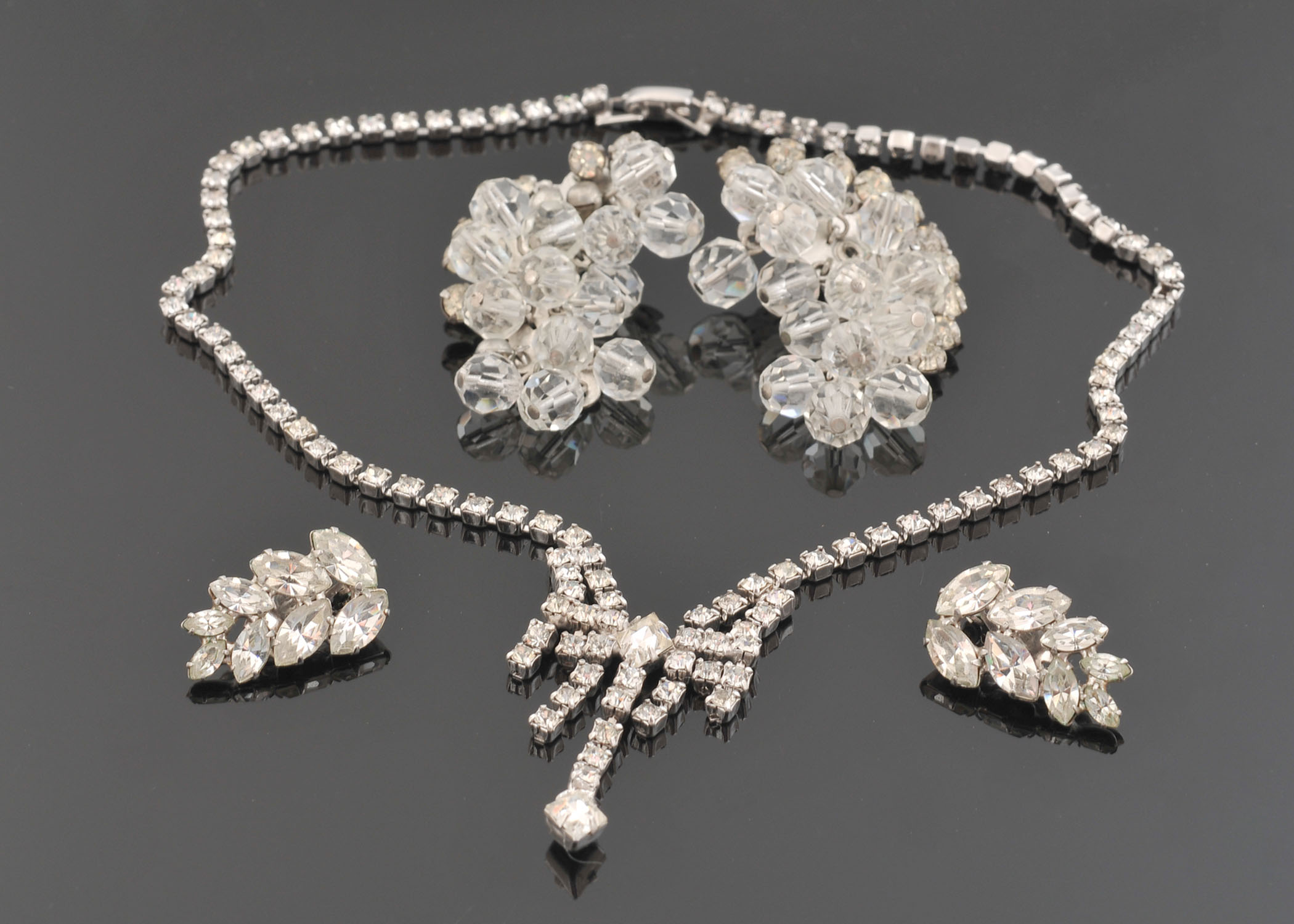 Ann Vien, B.David Signed Clip On Earrings and Rhinestone Necklace