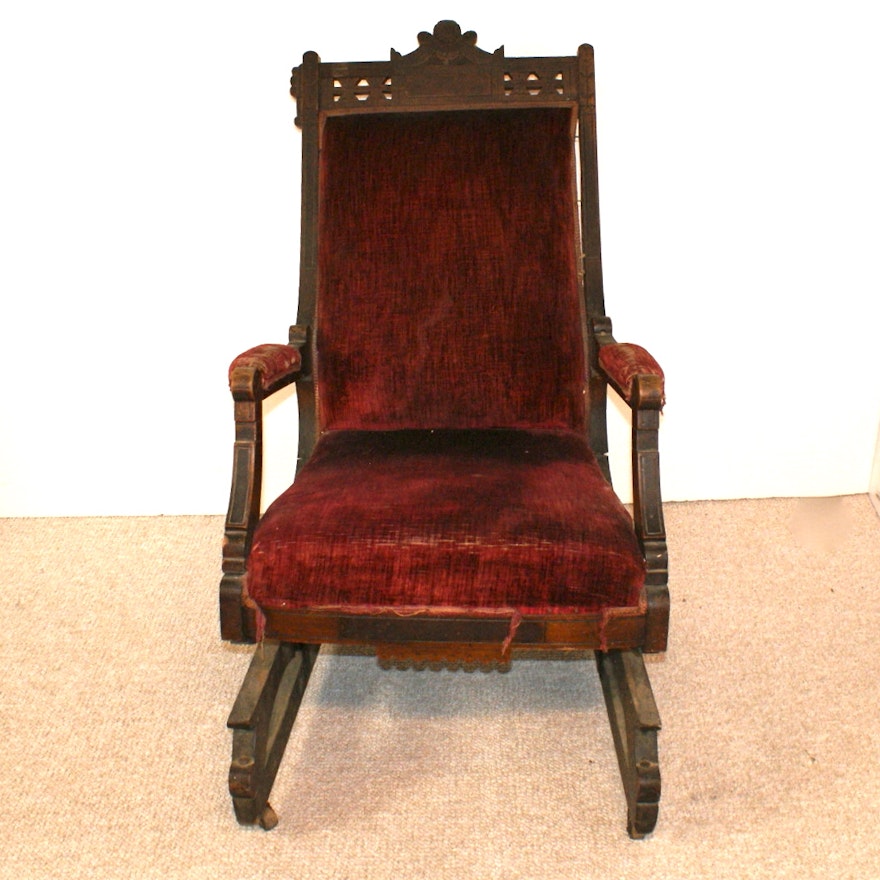 Vintage Eastlake Style Velvet Upholstered Platform Rocking Chair