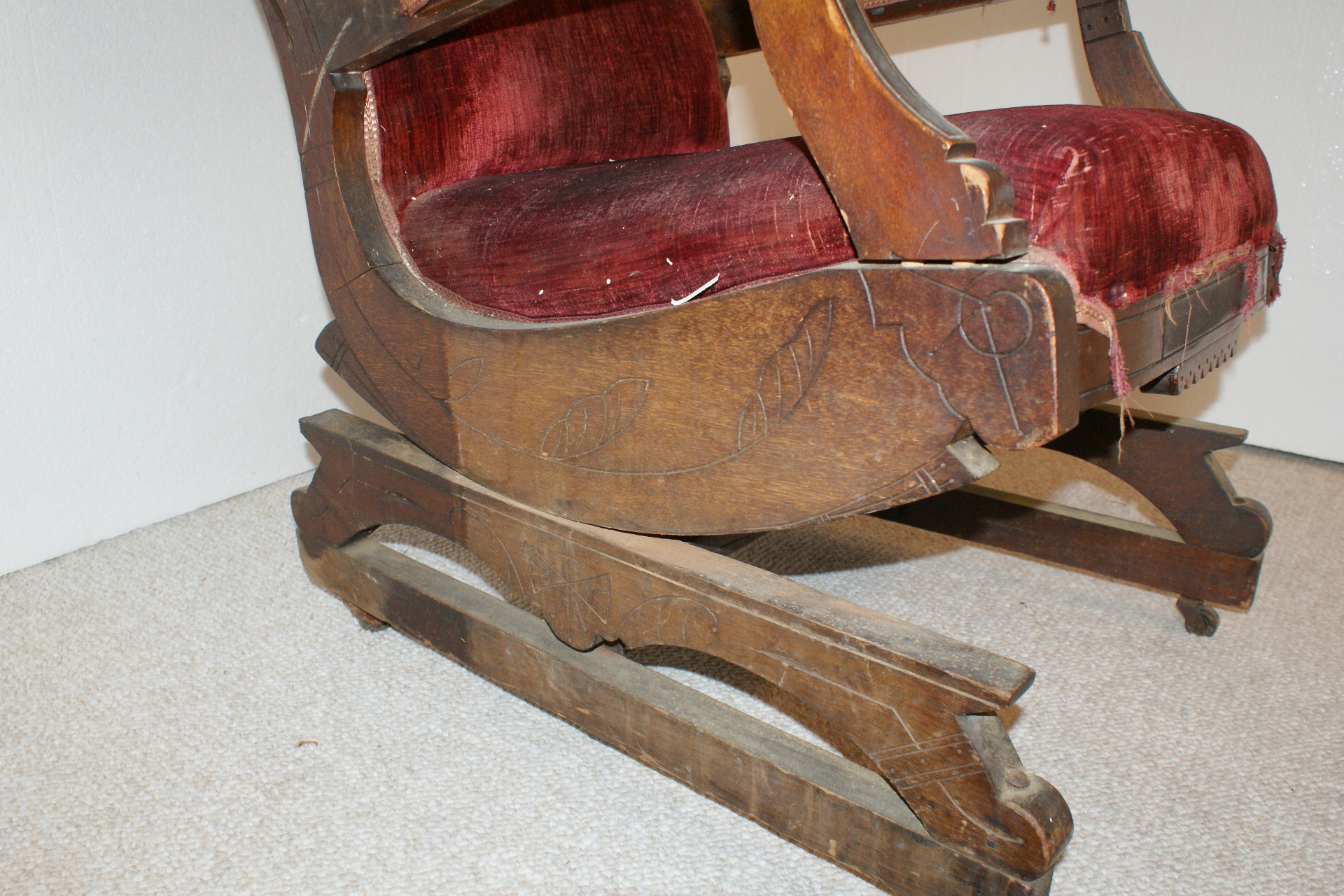 Vintage Eastlake Style Velvet Upholstered Platform Rocking Chair