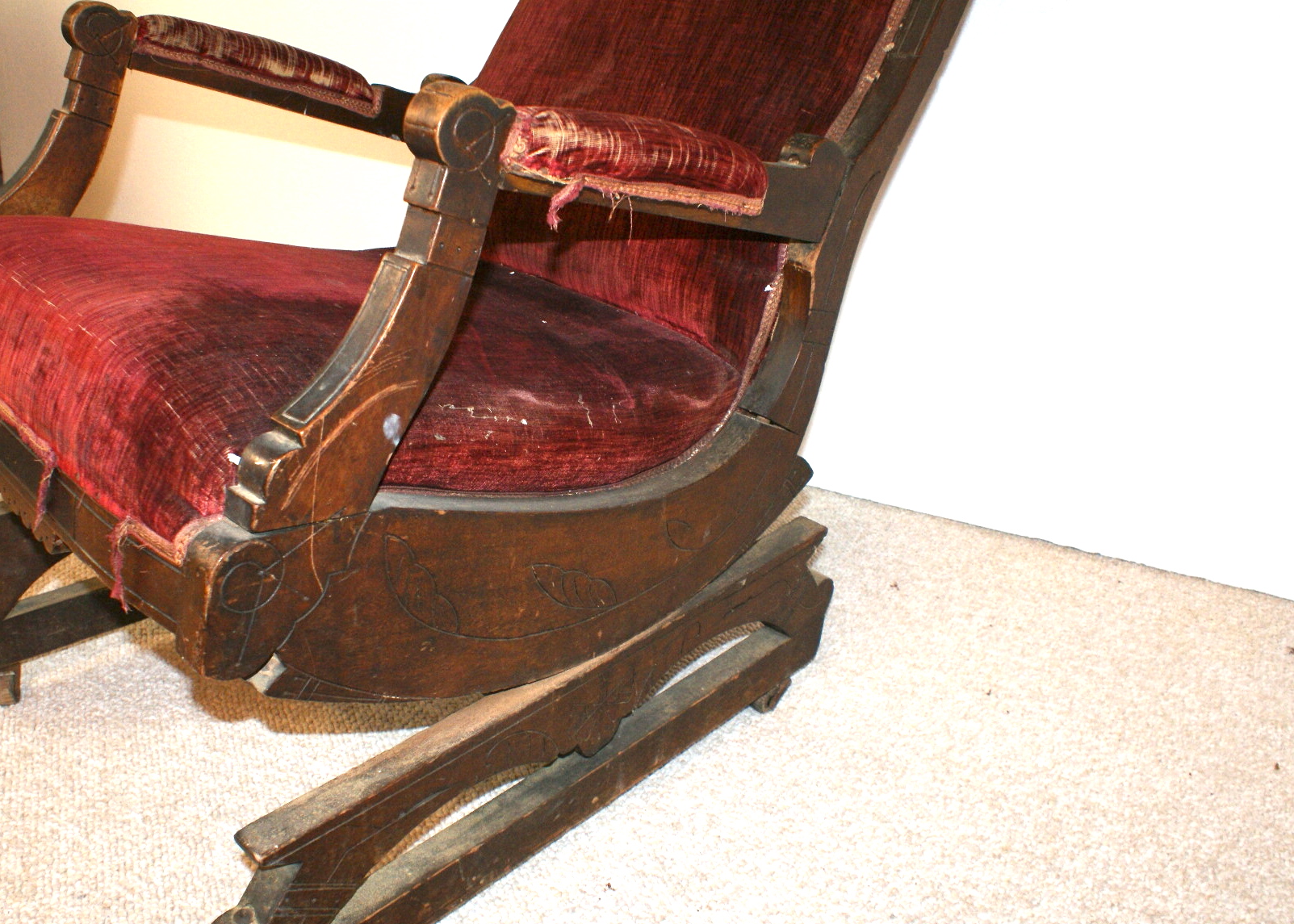 Vintage Eastlake Style Velvet Upholstered Platform Rocking Chair