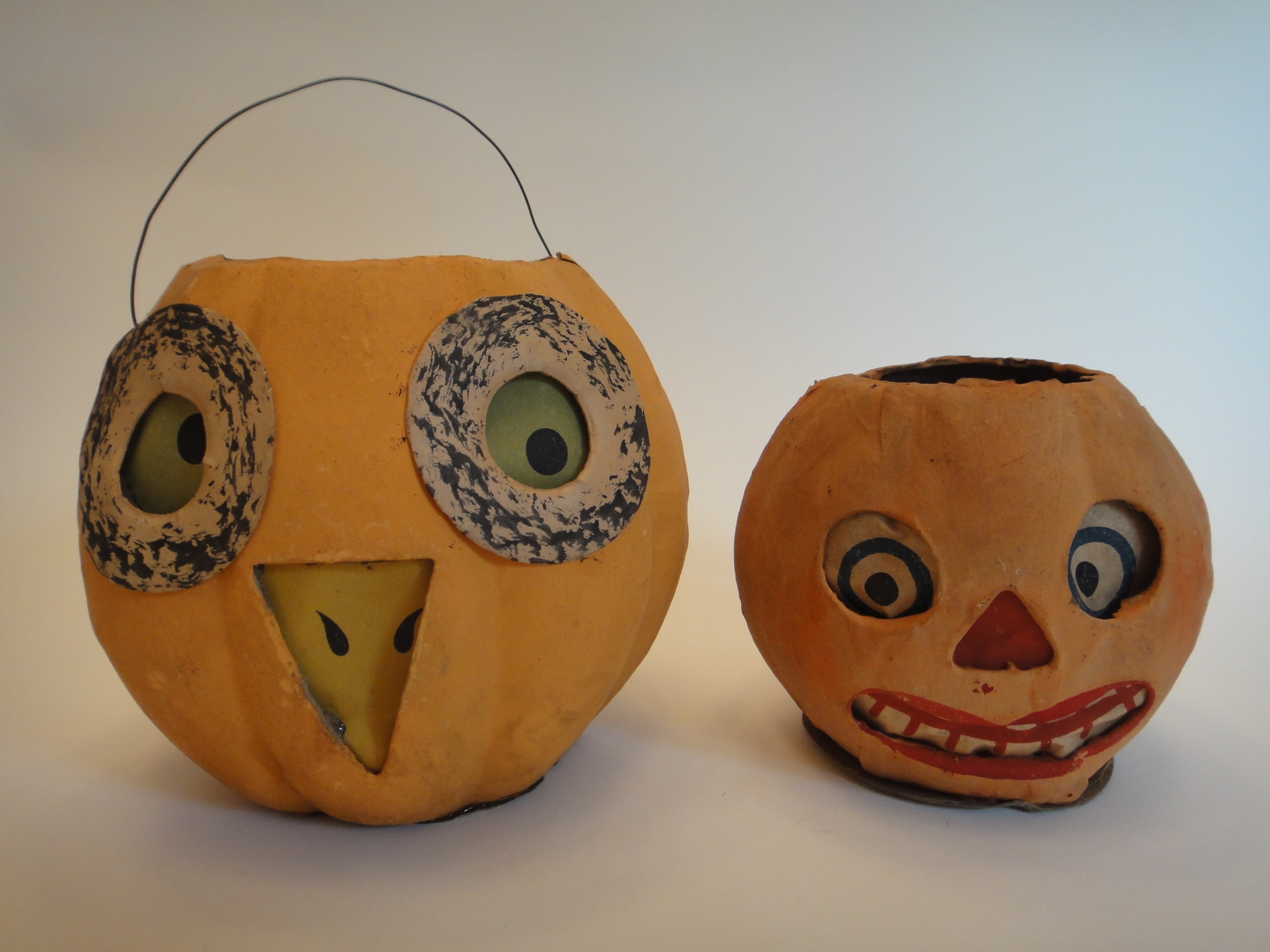 Two Vintage 1920s Halloween Jack O Lantern Paper Mache Germany 